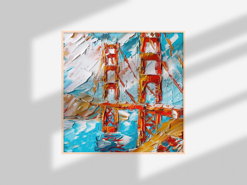 May include: A painting of the Golden Gate Bridge in San Francisco, California. The bridge is painted in a thick, impasto style with bright red, orange, and yellow colours. The water below the bridge is painted in shades of blue and green.