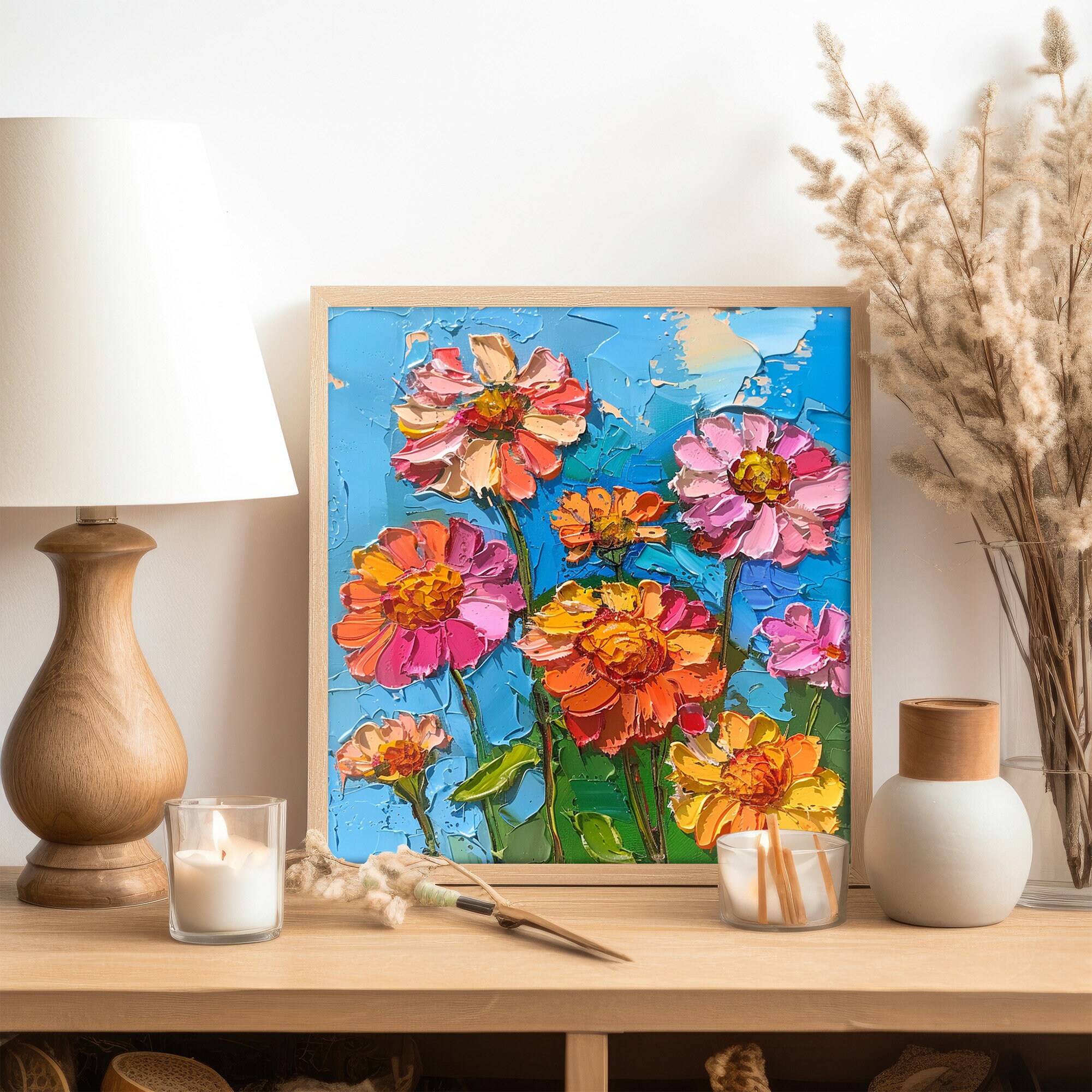 Zinnia Flowers Oil Painting Meadow Floral Original Art Flower