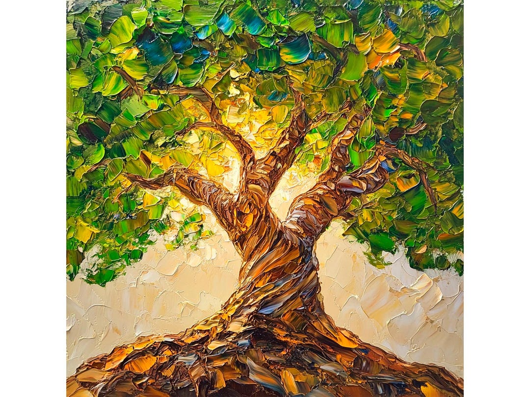 菩提樹の油絵：キャンバスに描かれた仏陀の木のインパストアート