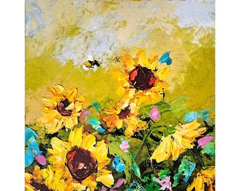 Sonnenblumen Malerei Honigbiene Original Art Blumen Impasto Ölgemälde Florale Wandkunst