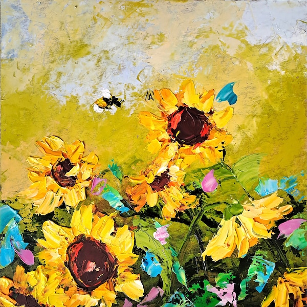 Sunflowers Painting Honeybee Original Art Flowers Impasto Oil Painting Floral Wall Art