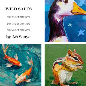 May include: A collection of four colorful oil paintings. The top left features a goose head with a yellow beak against a blue background. The bottom left shows koi fish in water. The bottom right shows a chipmunk. The top right has text that says "WILD SALES by ArtSenya."