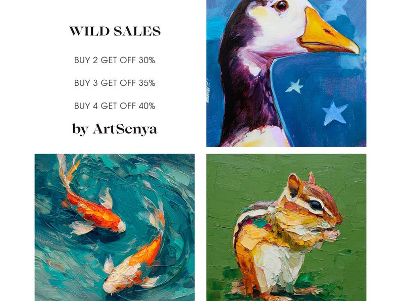 May include: A collection of four colorful oil paintings. The top left features a goose head with a yellow beak against a blue background. The bottom left shows koi fish in water. The bottom right shows a chipmunk. The top right has text that says "WILD SALES by ArtSenya."