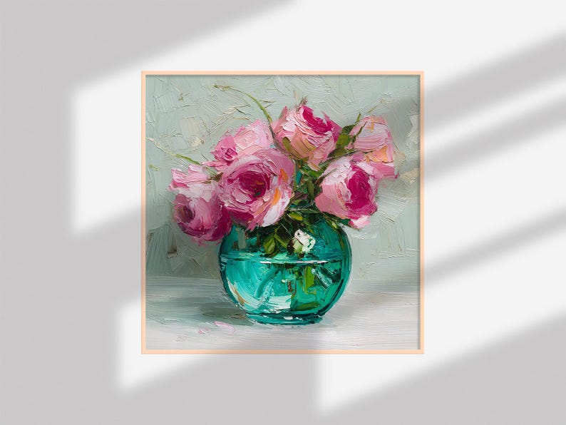 Impasto Oil Painting: Pink Roses in Vase, Floral Still Life - Etsy