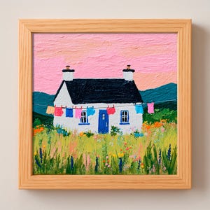 Irisches Landhaus Haus Gerahmtes Ölgemälde Irland Pink Sky Wildblumen Feld Landschaft Wandbild von ArtSenya