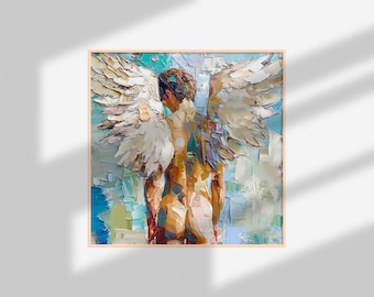 天使の少年油絵 ゲイオリジナルウォールアート 天使の羽 インパスト