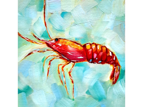 エビ油絵 魚 オリジナルアート 海の動物 油絵 壁アート 水中アート 