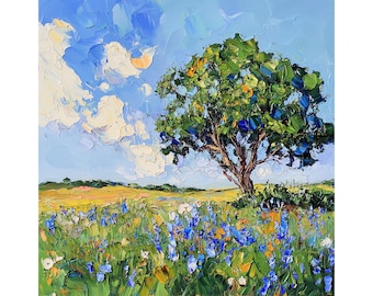 Paesaggio con lupini del Texas, dipinto ad olio su tela, impasto di quercia, opera d'arte originale, paesaggio da parete, regalo di ArtSenya