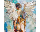 手描き 油絵 少年 天使の少年油絵 ゲイオリジナルウォールアート 天使の羽