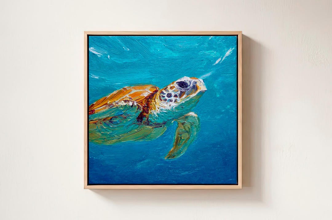 Sea Turtle Canvas Painting Turtle Impasto Oil Painting Coastal Ocean