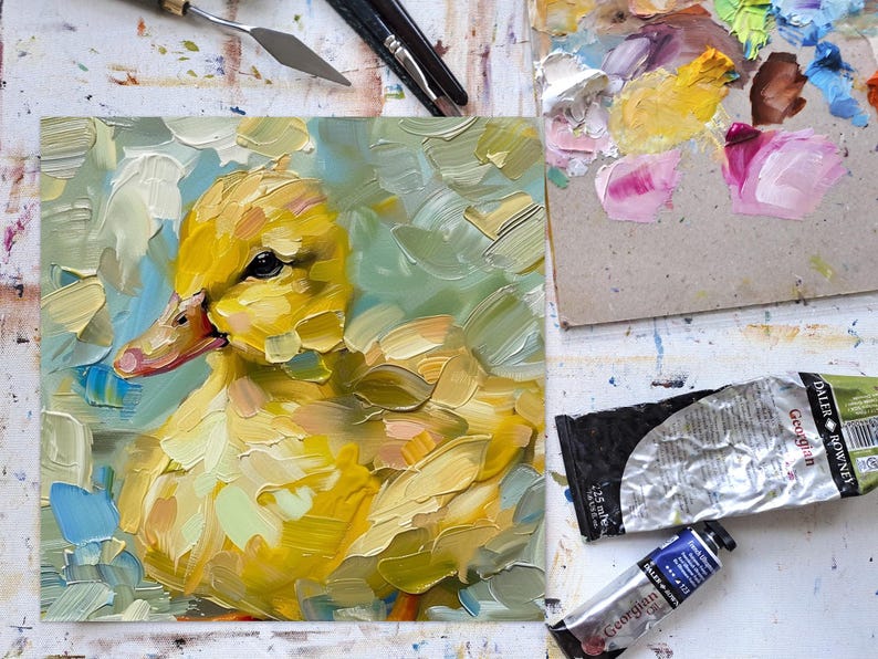 Yellow Duckling Painting on Canvas Farm Birds Original Art Baby Animals