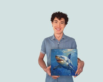 サメの大きな油絵 海洋壁アート ホホジロザメ キャンバス 海洋生物