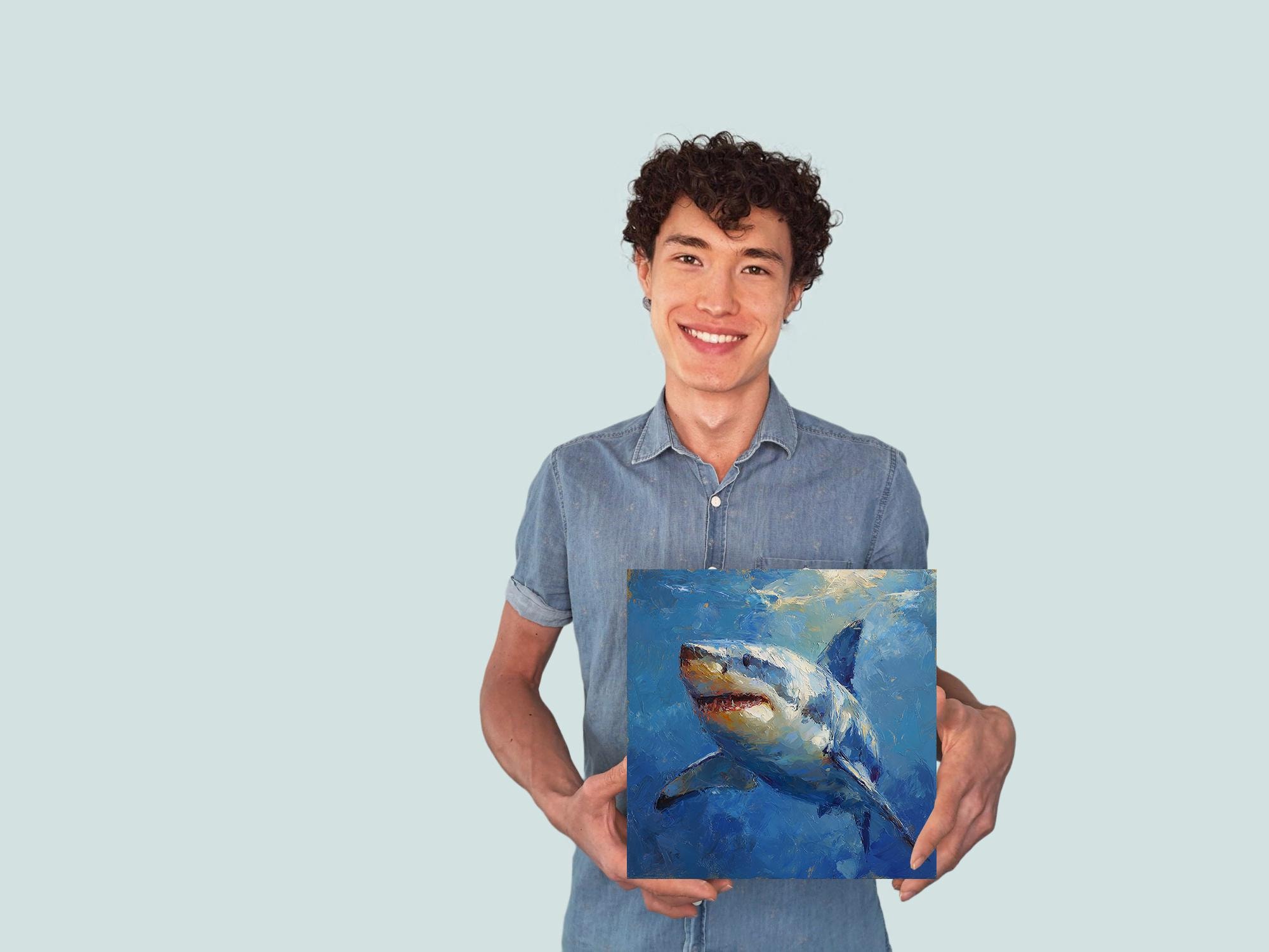 サメの大きな油絵 海洋壁アート ホホジロザメ キャンバス 海洋生物