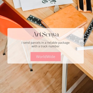 May include: A wooden desk with a bright orange chair, a notebook, and a ruler. The text "Art Senya" is displayed, along with the phrases "I send parcels in a reliable package with a track number" and "WorldWide".