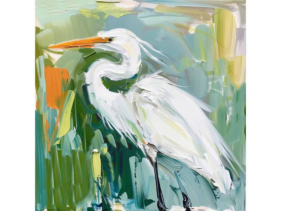 White Heron Oil Painting Swamp Animals Original Art Bird Artwork Gifts ...