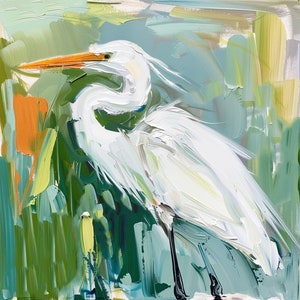 White Heron Oil Painting Swamp Animals Original Art Bird Artwork Gifts by ArtSenya