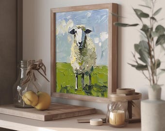 Sheep Oil Painting: Farm Animal Impasto Art, French Kitchen Decor