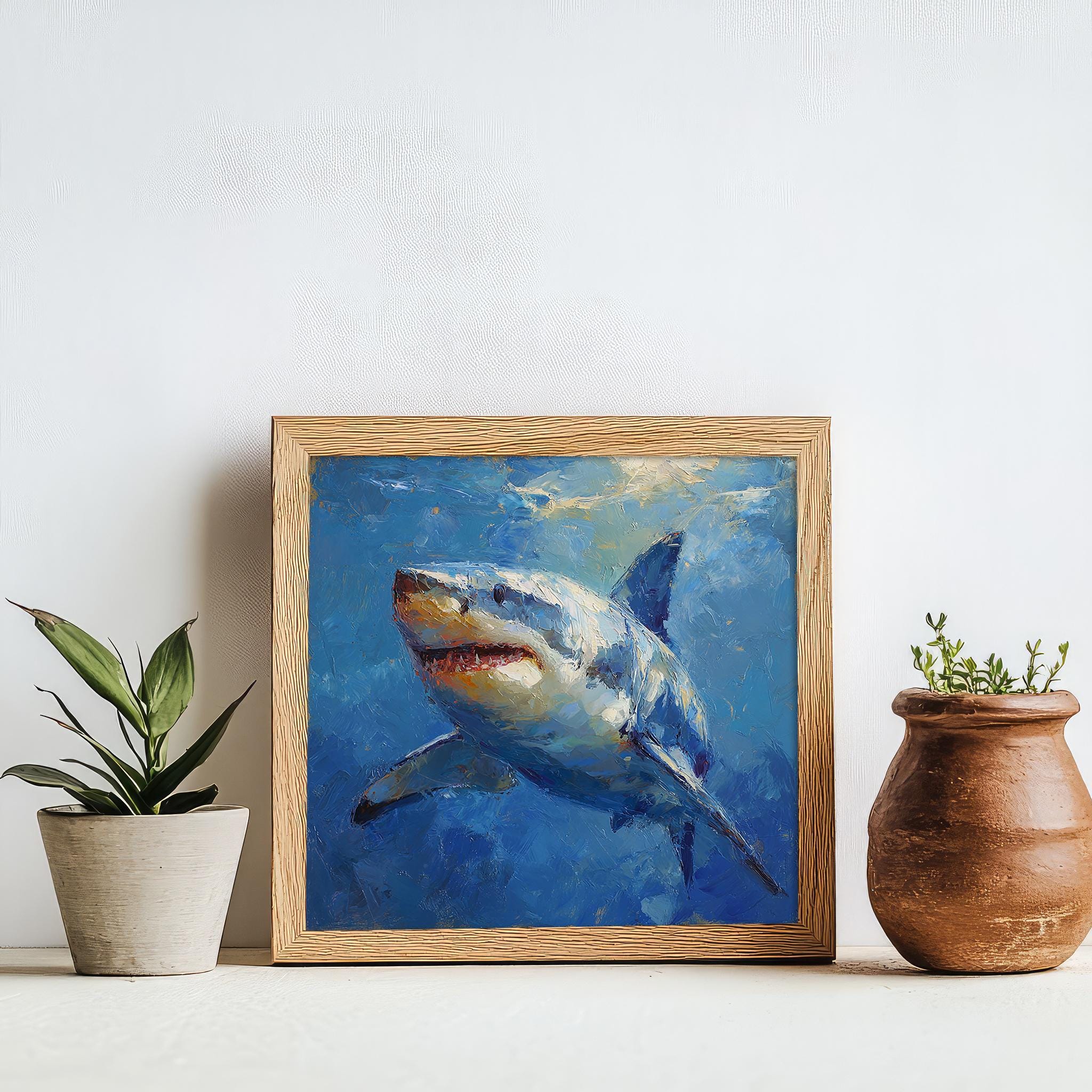 サメの大きな油絵 海洋壁アート ホホジロザメ キャンバス 海洋生物