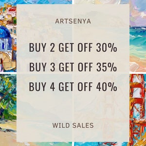 May include: A collage of colourful paintings with a text overlay that reads "ARTSENYA" and "WILD SALES". The text also includes a sale offer: "BUY 2 GET OFF 30%, BUY 3 GET OFF 35%, BUY 4 GET OFF 40%".