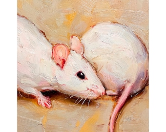 小さなネズミのオリジナル絵画、素敵なネズミの油絵、穴の中のネズミの