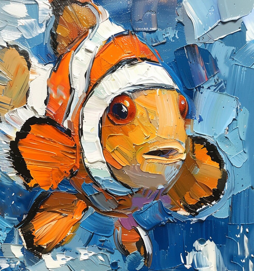 絵画 カクレクマノミ カクレクマノミの油絵：オリジナルインパスト海洋アート（10x10インチ