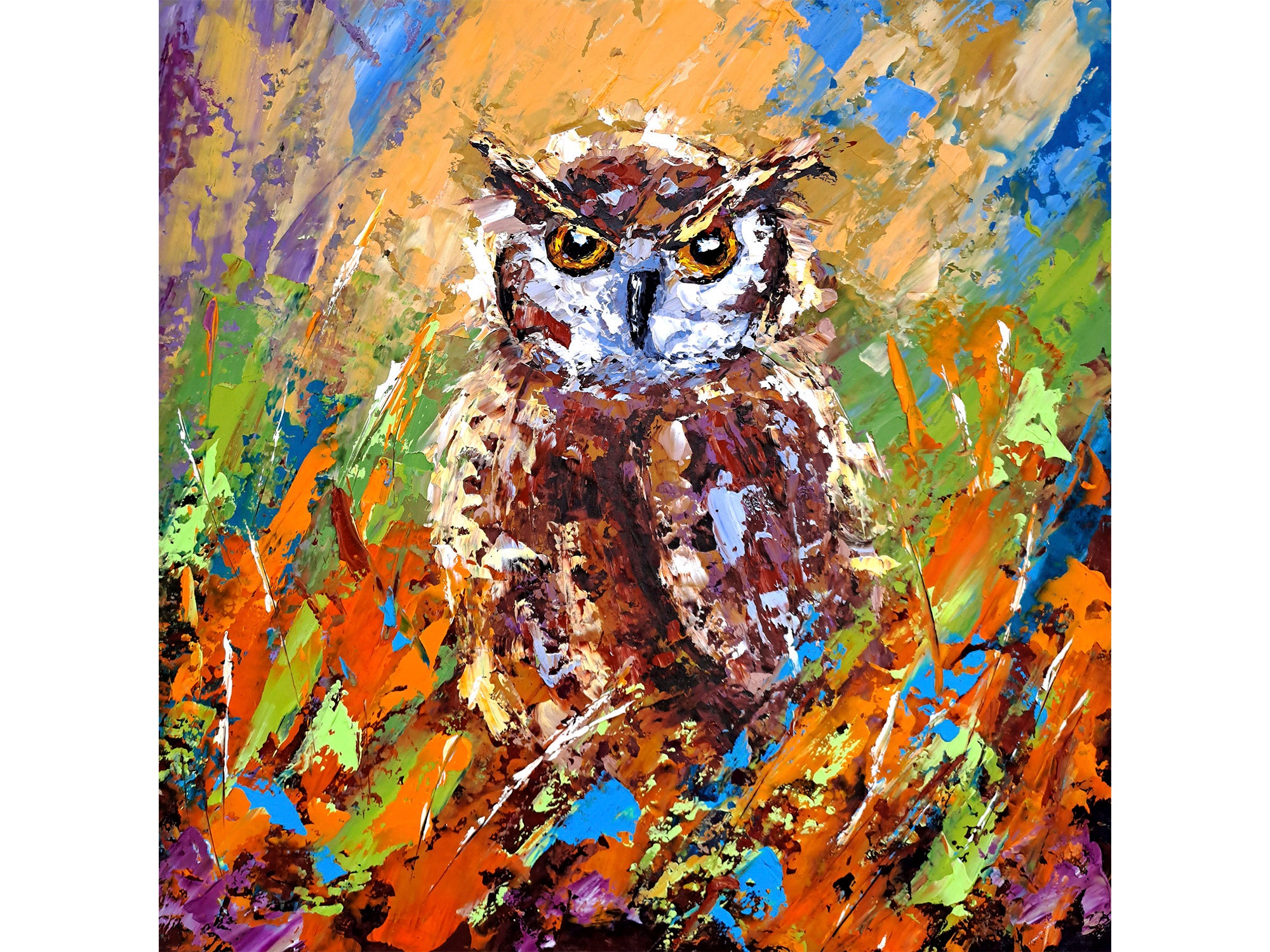 Owl Oil Painting Bird Original Art Animal Impasto Painting Eagle Owl Lover Artwork Rustic Wall Art G