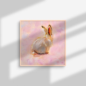 May include: A painting of a white rabbit with pink ears sitting on a pink background.