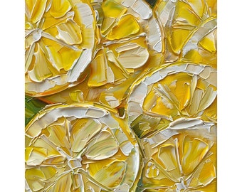 Puede incluir: Primer plano de una pintura de rodajas de limón. La pintura está realizada en un estilo impasto grueso, con pinceladas visibles. Los limones son de un amarillo brillante, con algunos reflejos blancos. El fondo es de un verde apagado.