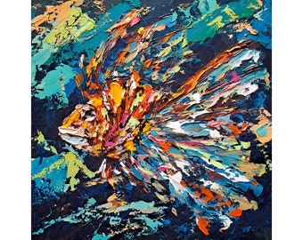 Lionfish Painting Sea Animals Original Art Fish Impasto Oil Artwork Underwater Wall Art Decor 10" by 10" by ArtSenya