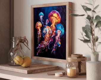 クラゲの絵画：油彩画による海のアート、カラフルな海の生き物