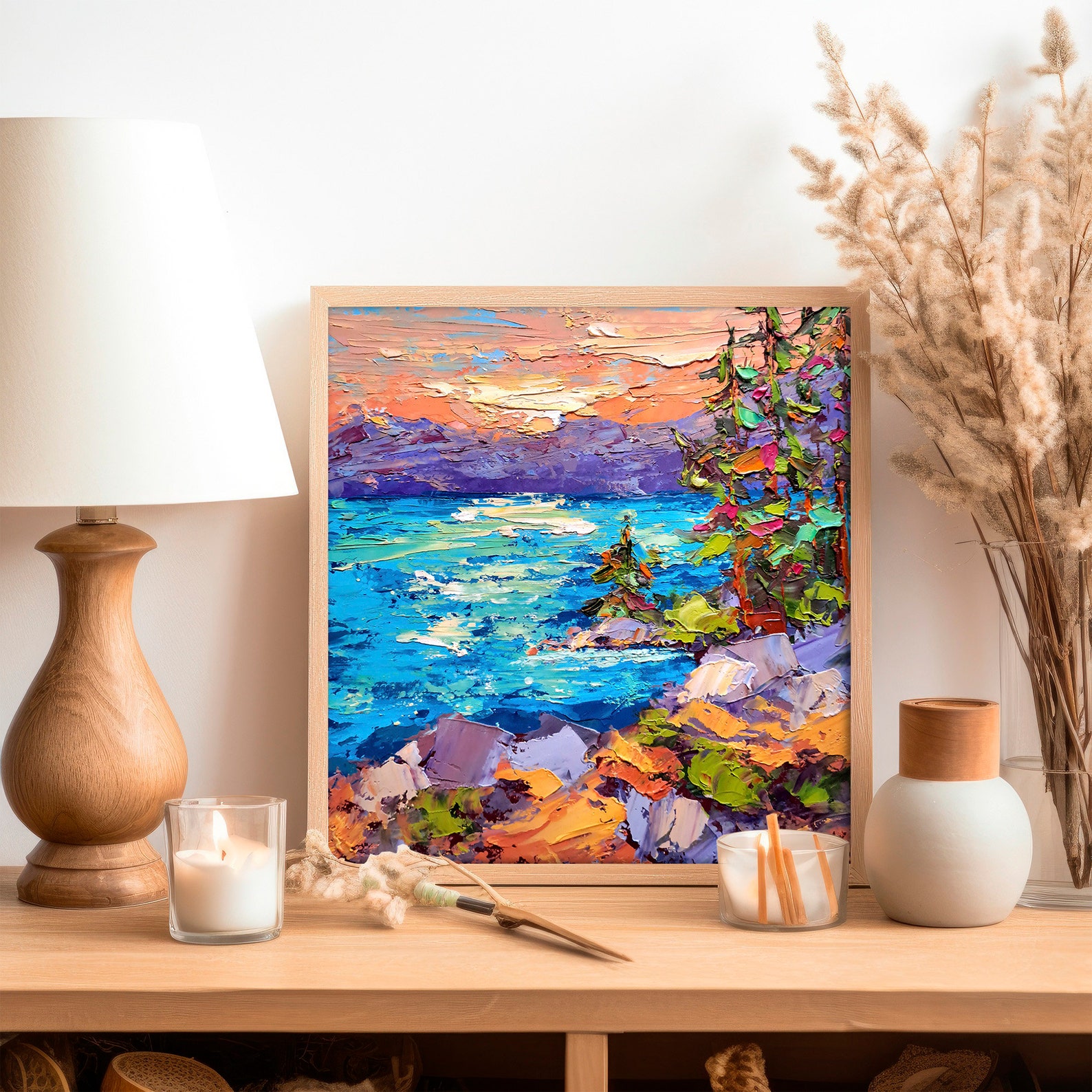 Tahoe Lake Oil Painting California Original Art Pine Trees Impasto ...