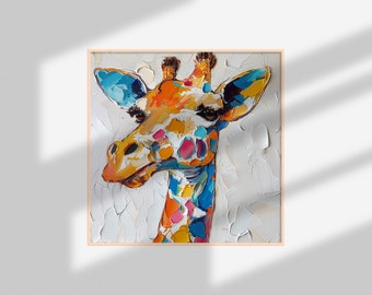 キリンの肖像画 厚塗り オリジナル絵画 動物油絵 キリンの壁アート