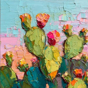 Cactus Flower Oil Painting Southwest Impasto Art Textured Desert Wall Decor Colorful Succulent Artwork Prickly Pear Bloom by ArtSenya