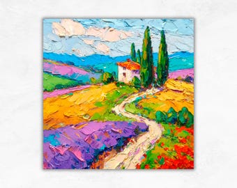 トスカーナ風景油絵：紫の茂み、イタリア印象派美術（12 x 8インチ