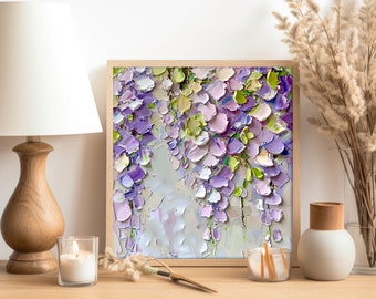 油絵（藤の花） 藤の花の油絵、花の厚塗りアート、オリジナル作品、女性へのギフト
