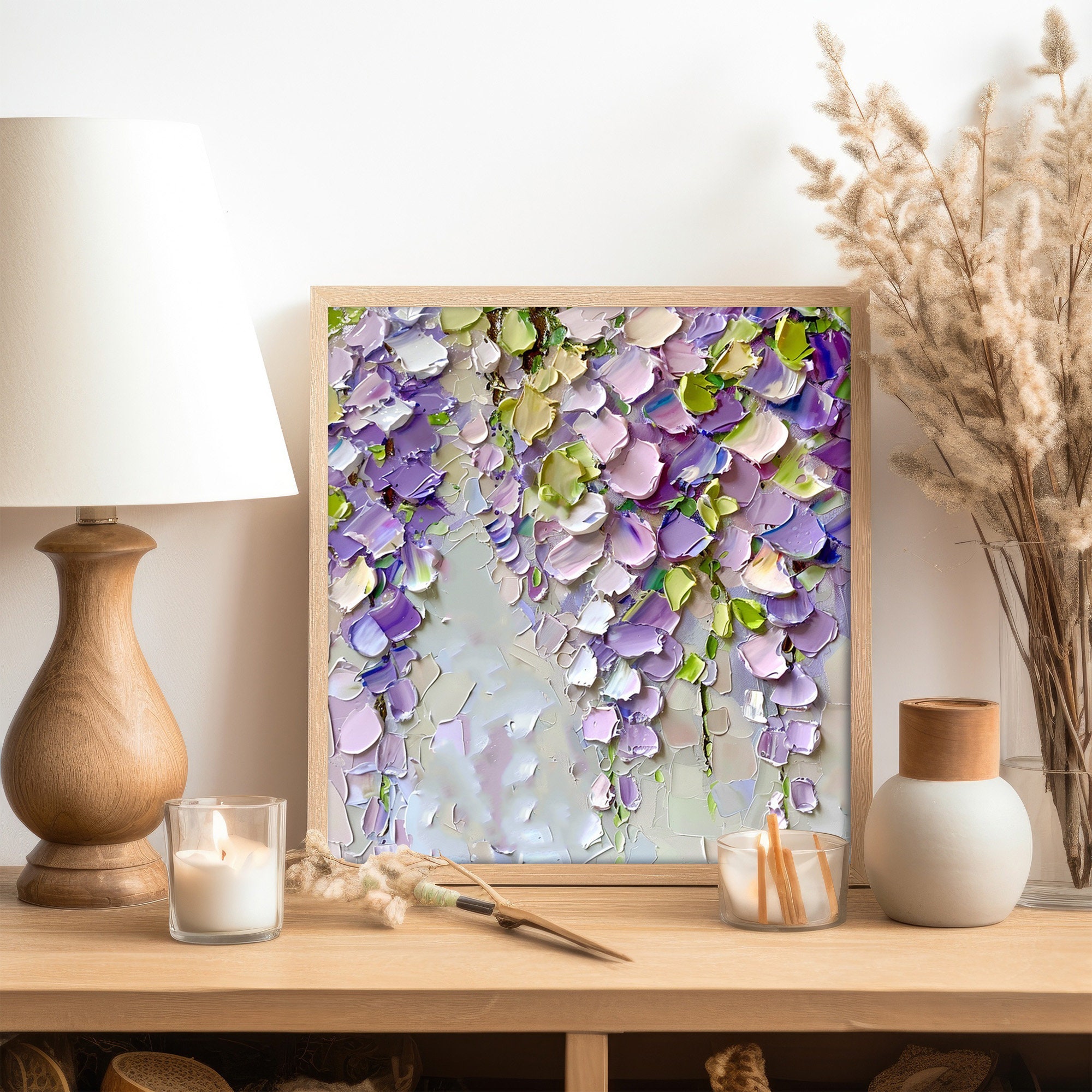 藤の油絵 花のインパスト オリジナルアート 花 油絵 キッチン 壁アート