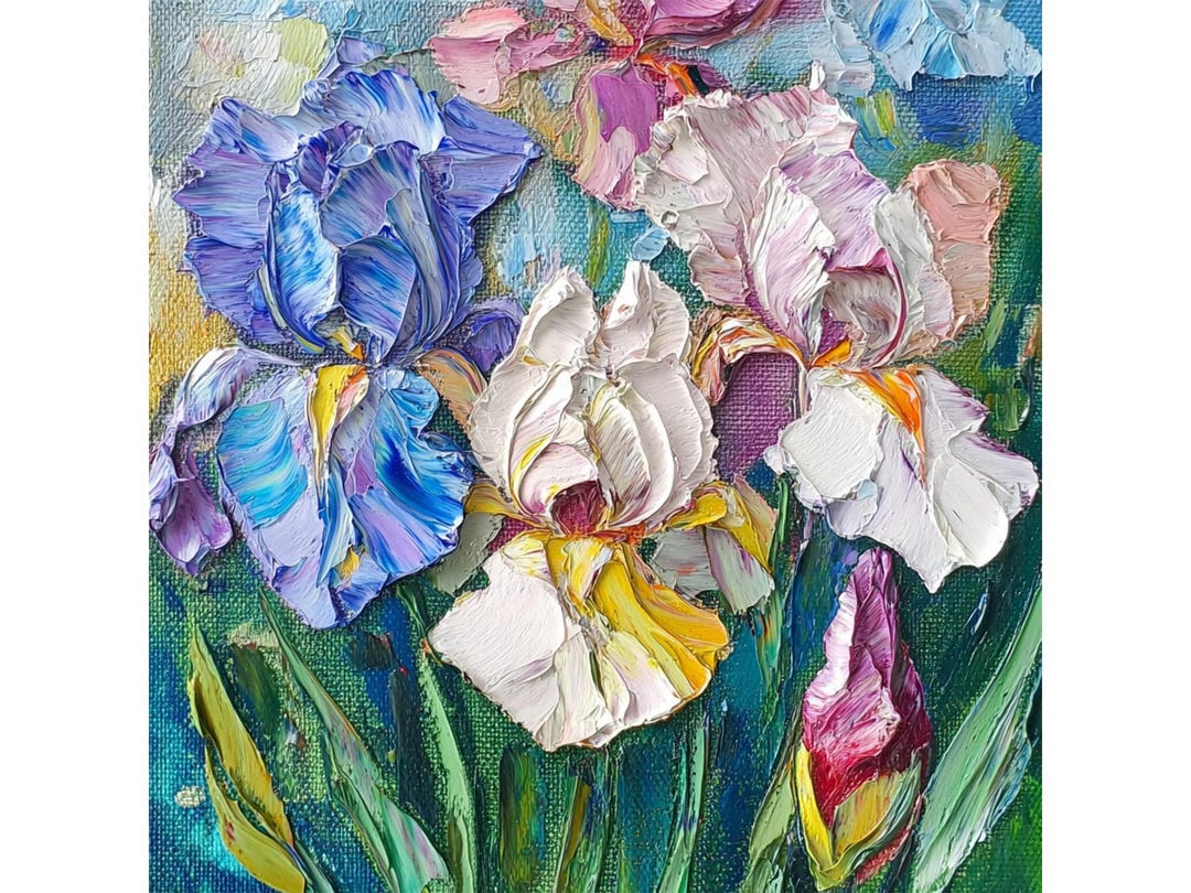 Iris Flowers Impasto Oil Painting on Canvas Flowers Textured Canvas ...