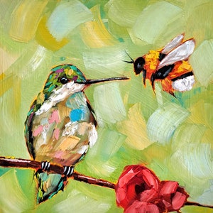 Hummingbird Painting Honeybee Original Art Animals Oil Painting Bird Artwork