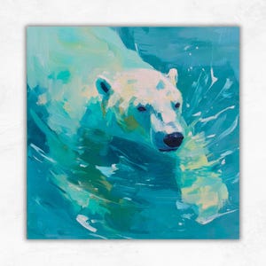 Polar Bear Swimming Painting Large Wall Art Arctic Animal Oil Painting Blue Ocean Wildlife Art by ArtSenya