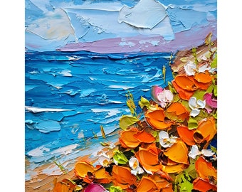Pintura al óleo de paisaje marino con amapolas de California: Arte de paisaje de pradera con técnica impasto, ideal para viajes, de ArtSenya