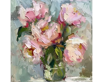 Pioenrozen olieverfschilderij bloemen penseelstreek canvas kunst pioenroos bloemen muur kunst decor cadeaus voor haar door ArtSenya