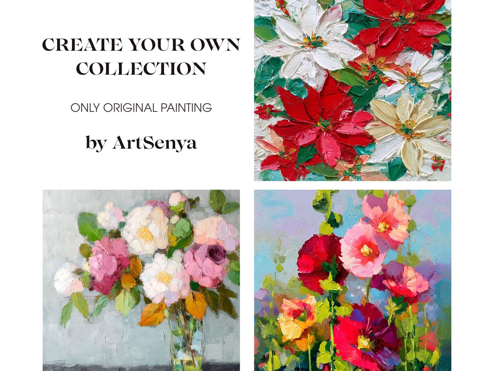 ポインセチアの絵画：クリスマスの花のオリジナル油絵、赤と白の花の