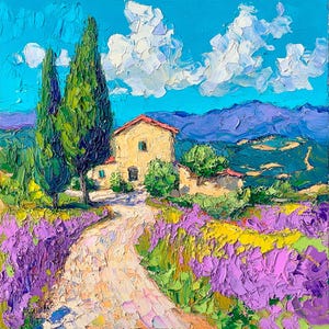 Tuscany Countryside Impasto Oil Painting Lavender Field Art Cypress Trees Rustic Countryside Wall Art Gift by ArtSenya