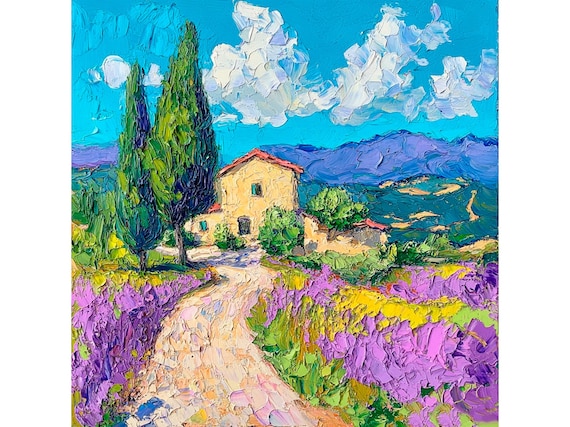Tuscany Countryside Impasto Oil Painting Lavender Field Art Cypress Trees Rustic Countryside Wall Art Gift by ArtSenya