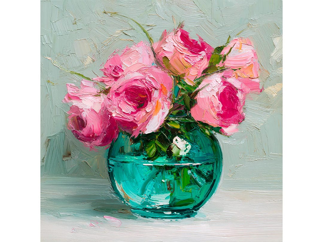 Impasto Oil Painting: Pink Roses in Vase, Floral Still Life - Etsy