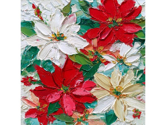 油絵 クリスマスの花 赤 ポインセチア ポインセチアの絵画：クリスマスの花のオリジナル油絵、赤と白の花の
