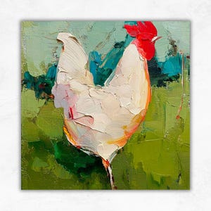 Rooster Oil Painting Impasto Farm Animal Wall Art Rustic Kitchen Decor Textured Chicken Artwork Original Country Farmhouse Art by ArtSenya