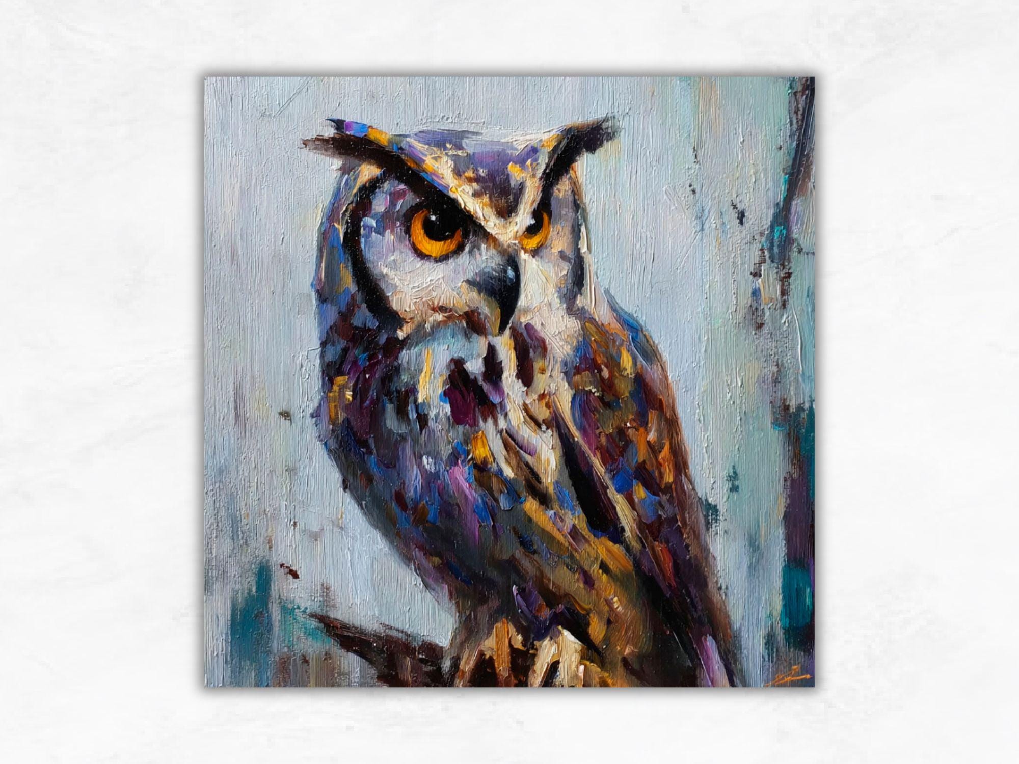 Owl Large Painting: Original Oil Art Bird Portrait Impasto Textured Artwork Wildlife Animal Wall Art