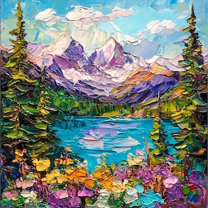 Rocky Mountains See Impasto Ölgemälde Wildblumen Landschaft Kunst Bunte National Park Wand Dekor Reise Geschenke von ArtSenya