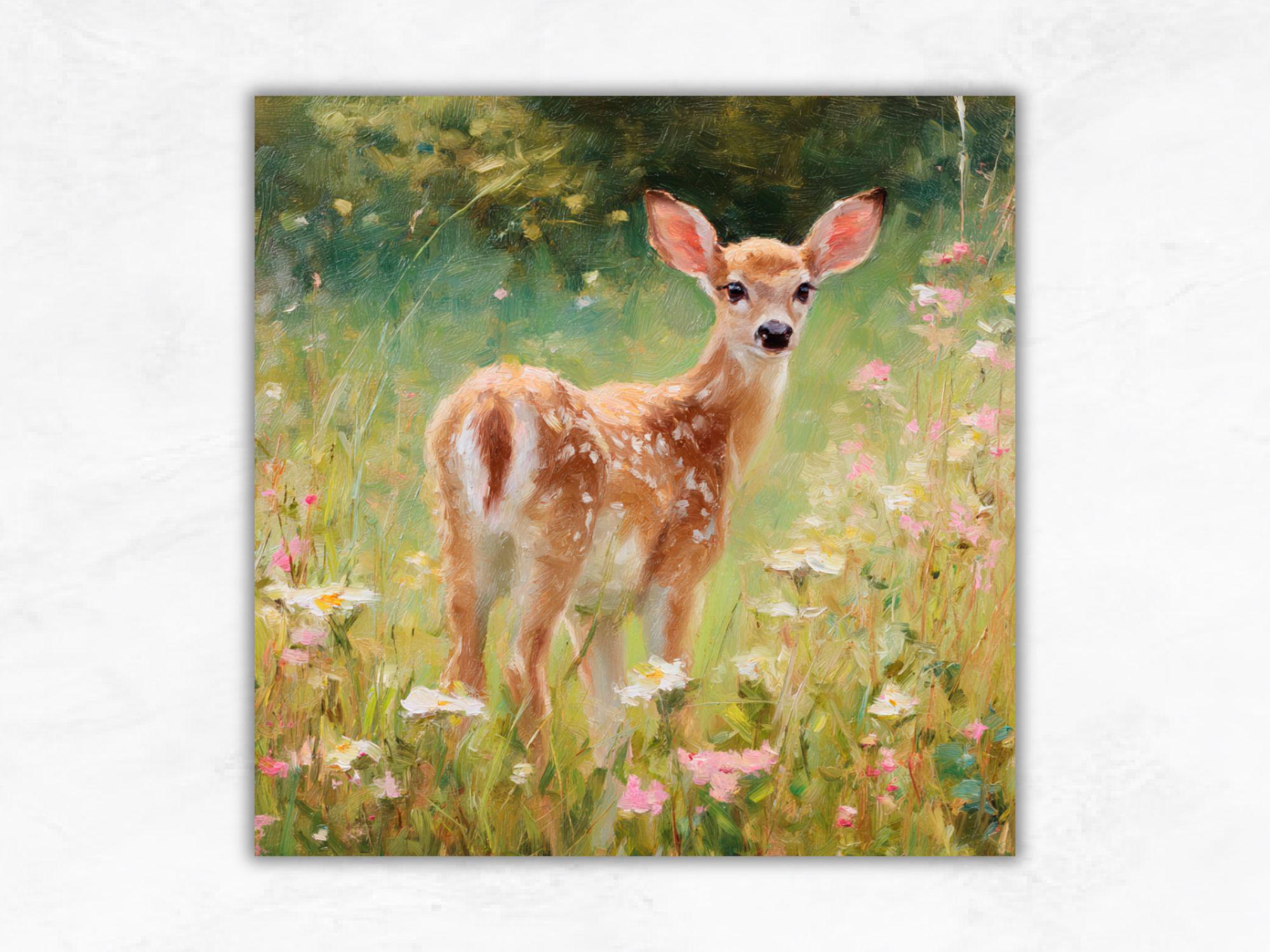 野花の中の子鹿の油絵：森の鹿の素朴な壁アート - Etsy 日本